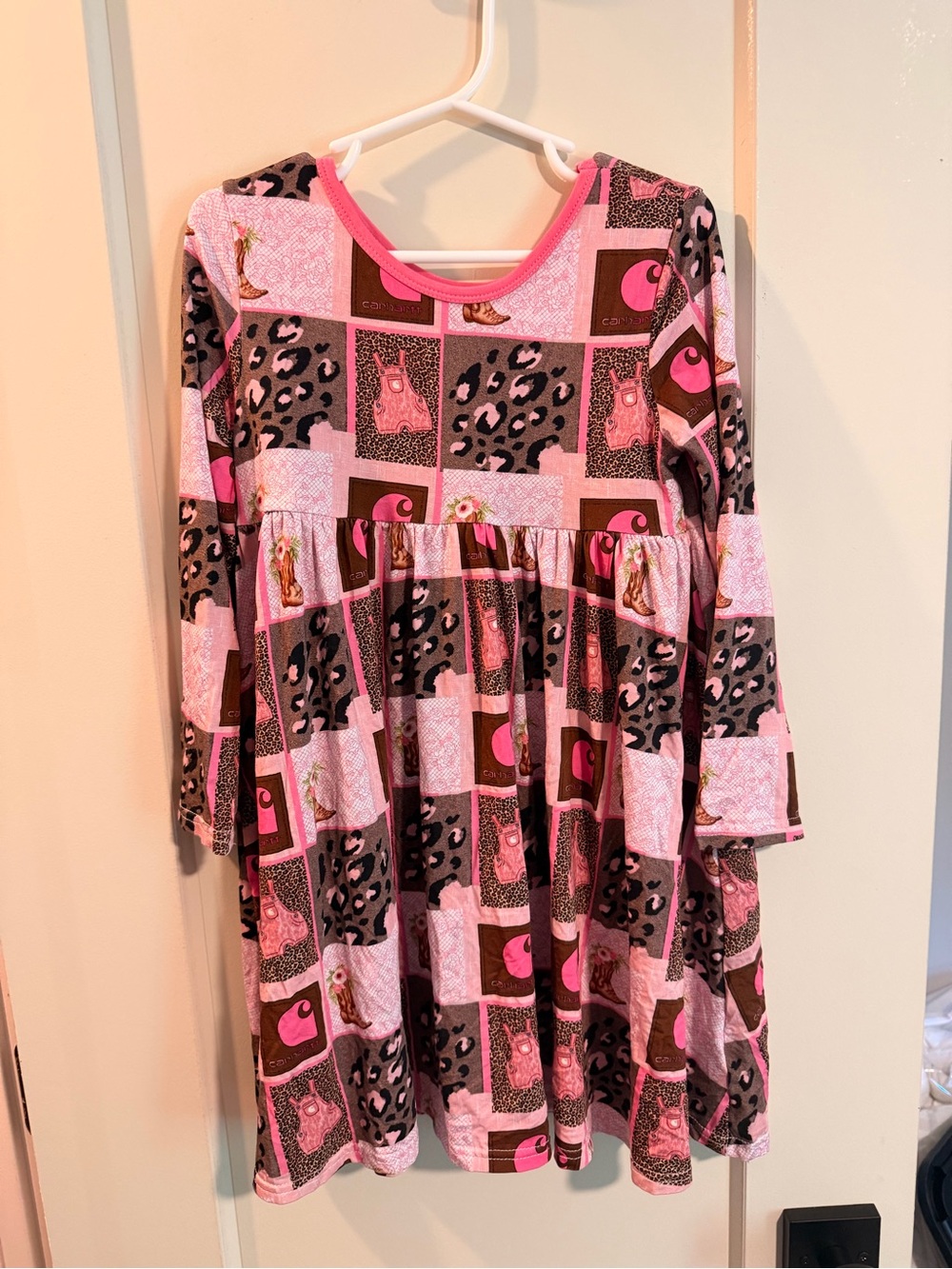 Girls' Pink Patterned Long-Sleeve Dress -